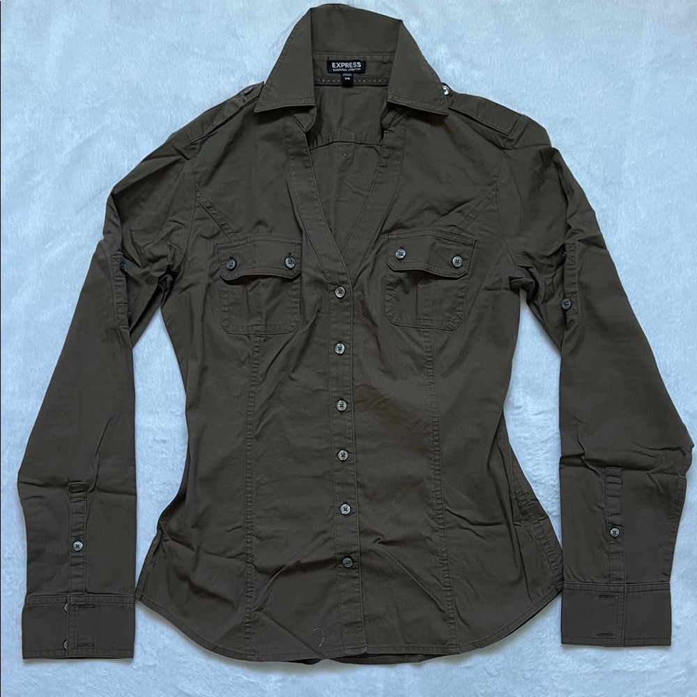Express Women Dark Brown Button Down Long Sleeve Stretch Shirt XS